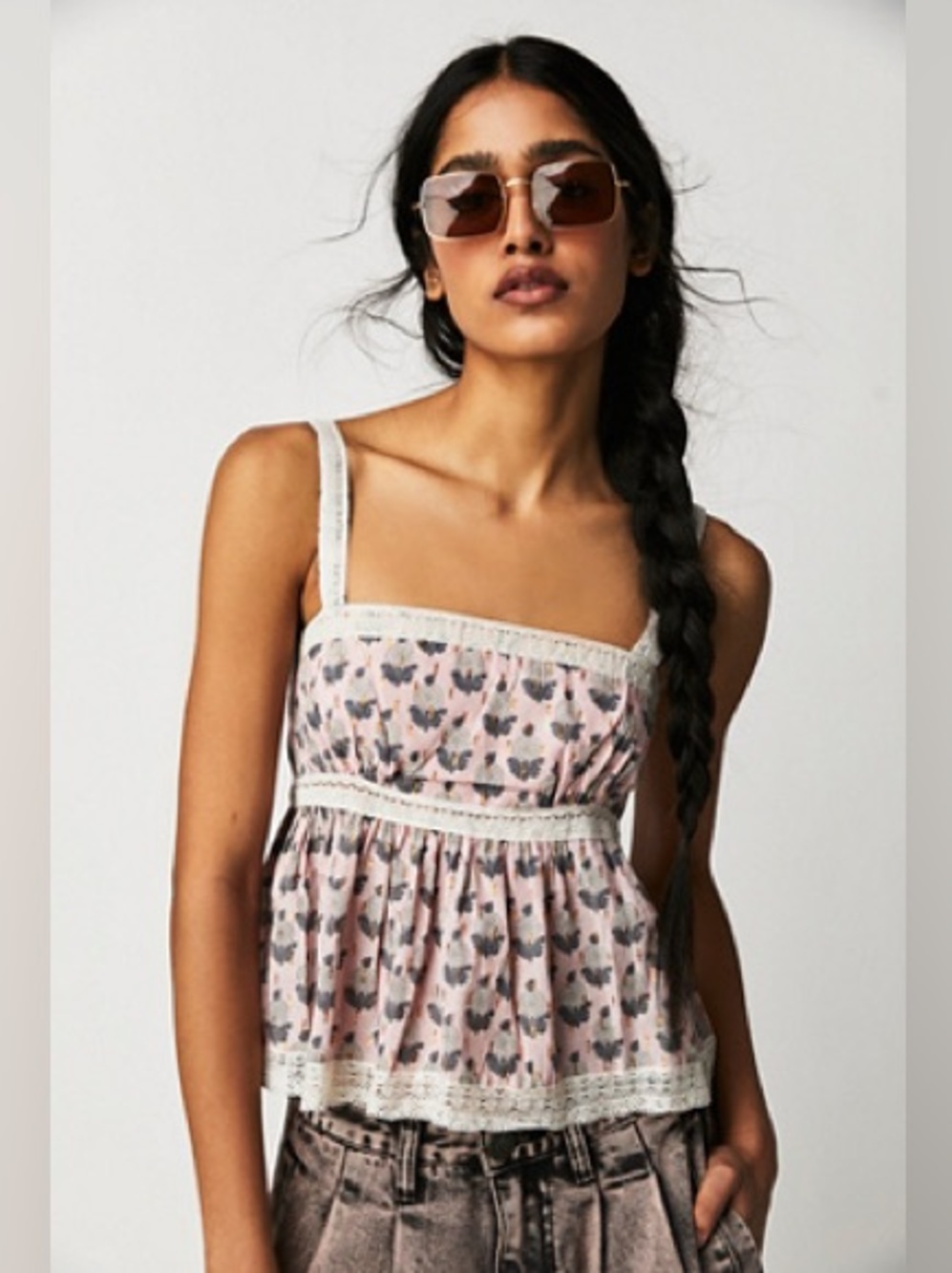 Free People Pink Floral Lace-Trim Camisole